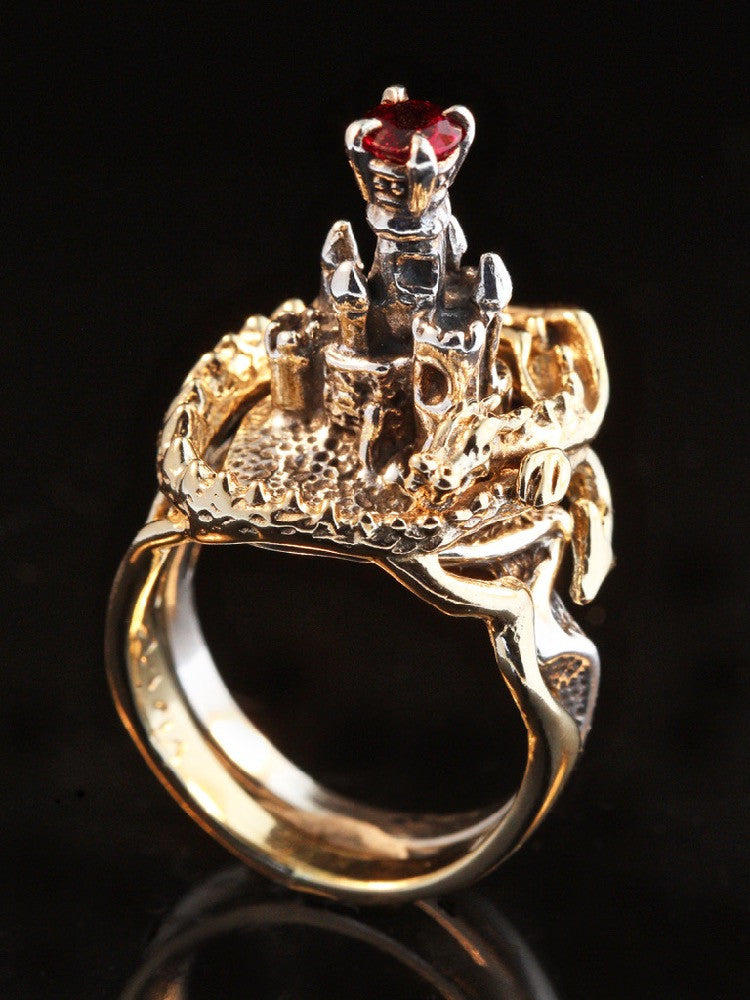 Castle Dragon Ring with Ruby - 14K Gold and Silver