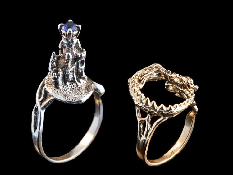 Castle Dragon Ring with Sapphire - 14K Gold and Silver