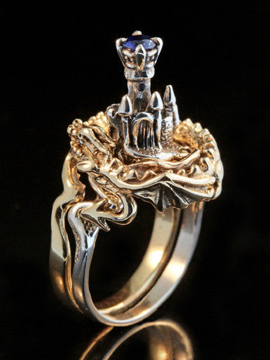 Castle Dragon Ring with Sapphire - 14K Gold and Silver