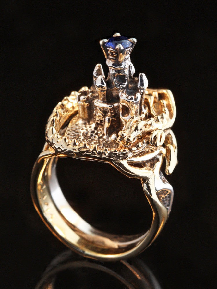 Castle Dragon Ring with Sapphire - 14K Gold and Silver