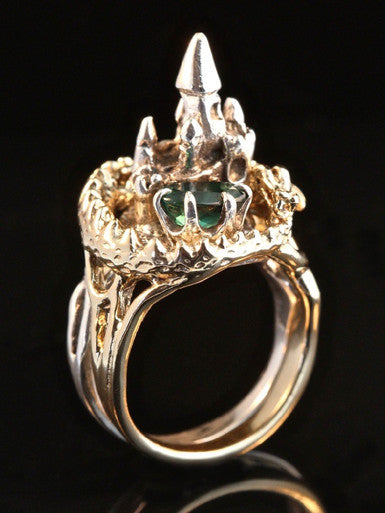 Castle Dragon Ring with Tourmaline - 14K Gold and Silver