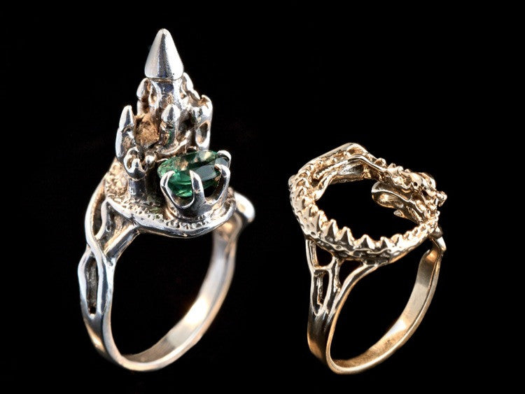Castle Dragon Ring with Tourmaline in 14K Gold and Silver