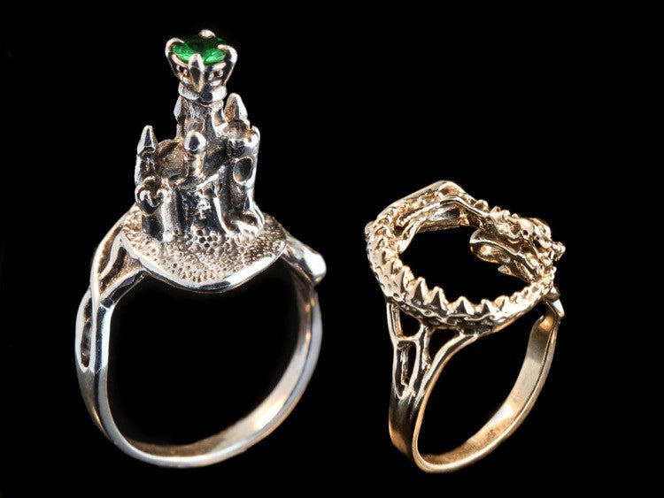 Castle Dragon Ring with Tsavorite in 14K Gold and Silver