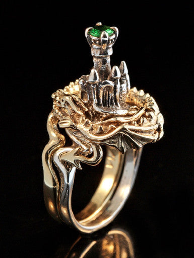 Castle Dragon Ring  with Tsavorite - 14K Gold and Silver