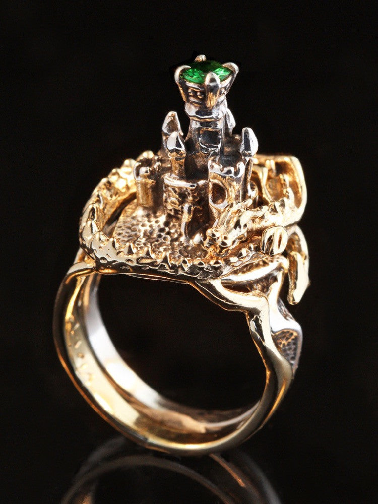 Castle Dragon Ring with Tsavorite in 14K Gold and Silver