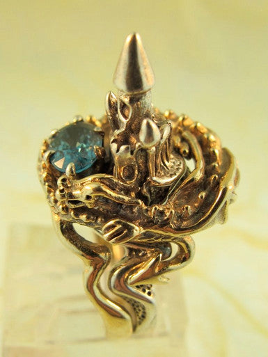 14K Gold Dragon and Silver Castle Ring set with Blue Zircon