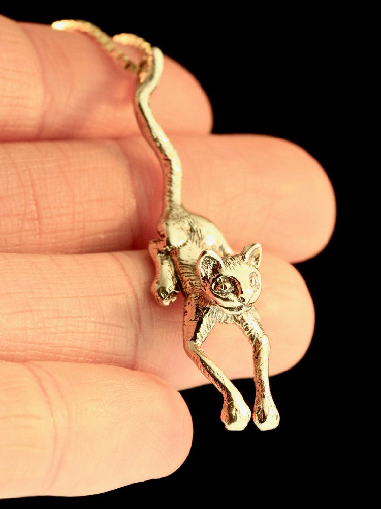 Cat - Crawling Cat Pendant - 14K Gold