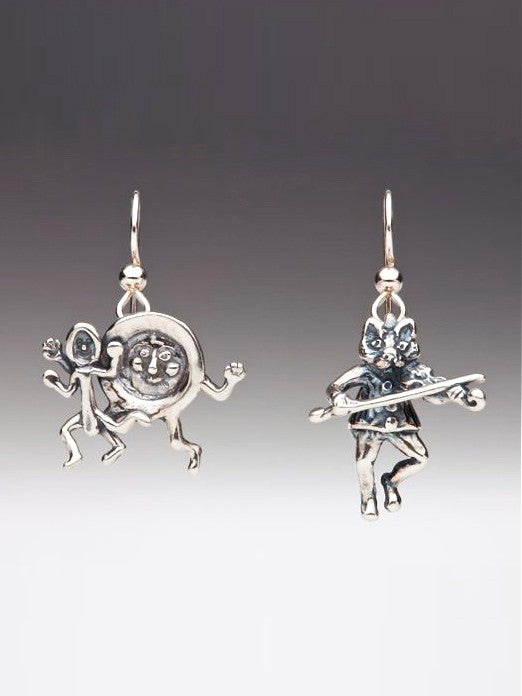 Mother Goose - Cat and Fiddle - Dish and Spoon Earrings - Silver