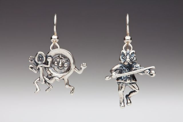 Mother Goose - Cat and Fiddle - Dish and Spoon Earrings - Silver