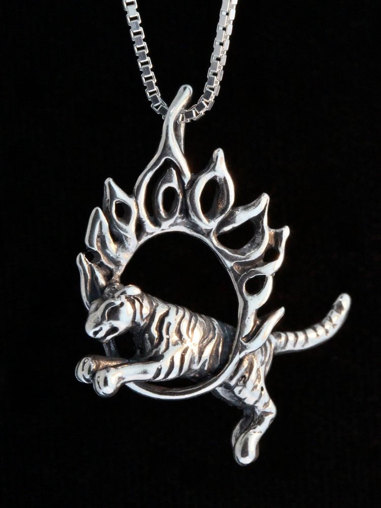Circus Tiger and Flaming Hoop Charm - Sterling Silver