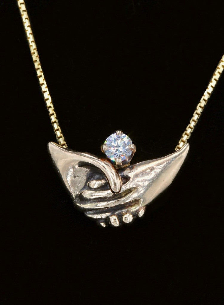Gold Clasping Hands Pendant with Diamond in 14k Gold