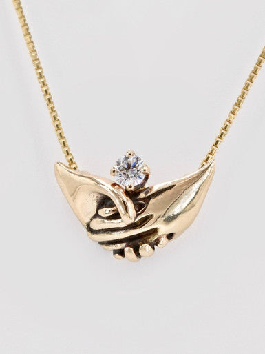 Gold Clasping Hands Pendant with .25  Diamond - Solid 14k Gold