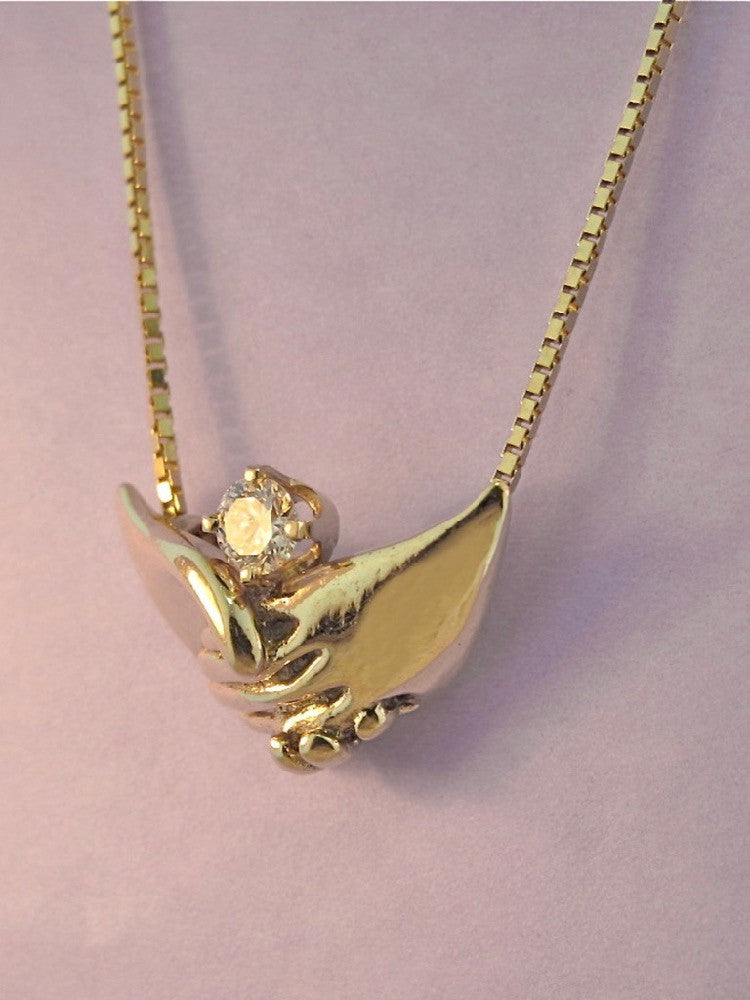 Gold Clasping Hands Pendant with .25  Diamond - Solid 14k Gold