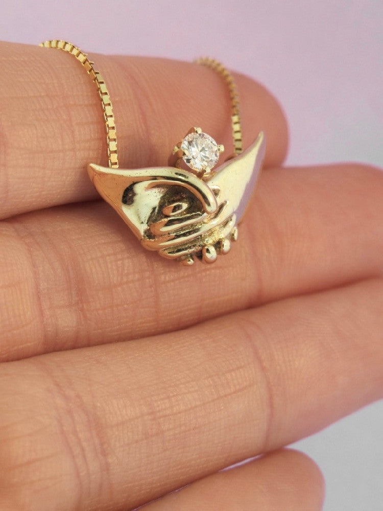Gold Clasping Hands Pendant with Diamond in 14k Gold