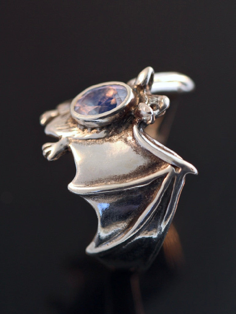 Silver Classic Bat Ring with Gemstone Back with Moonstone