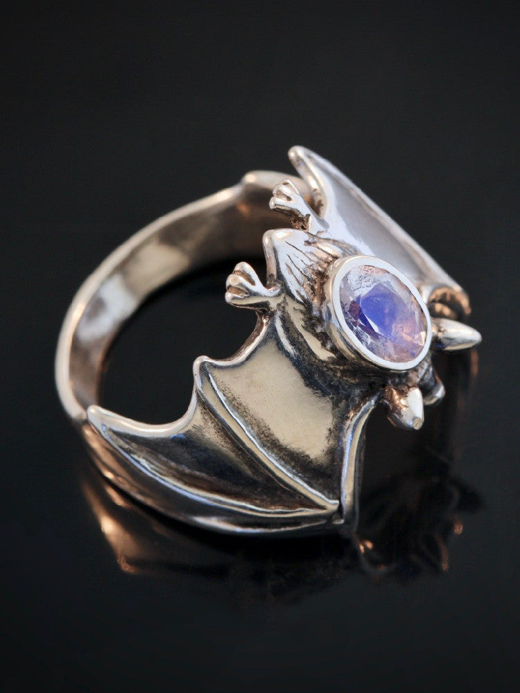 Silver Classic Bat Ring with Gemstone Back with Lapis