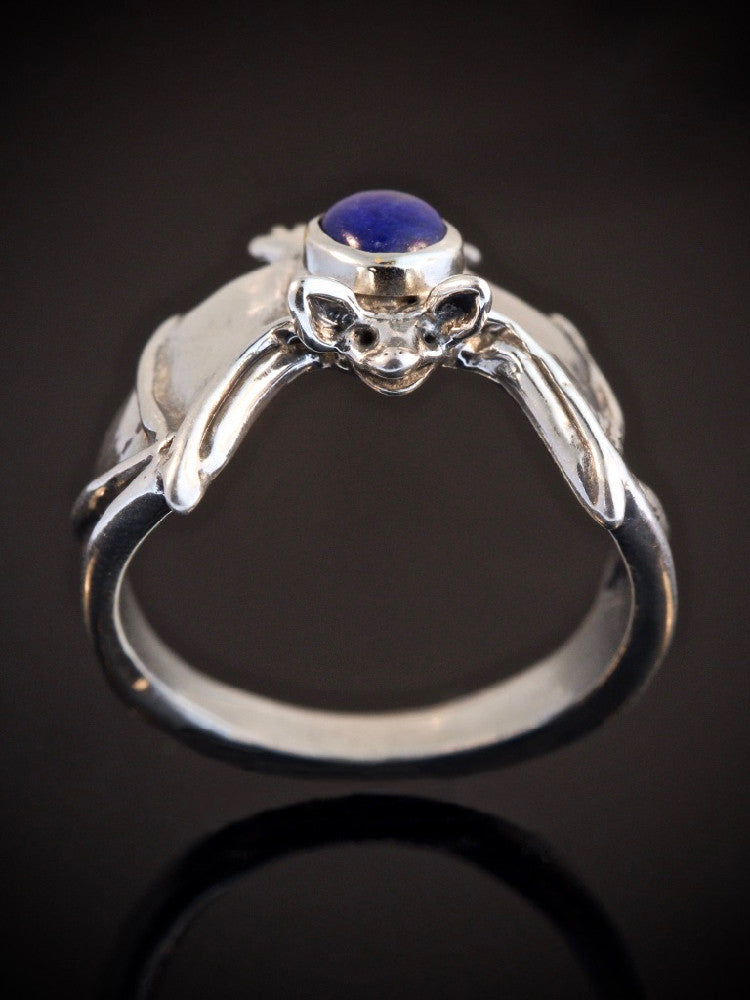 Silver Classic Bat Ring with Gemstone Back with Lapis