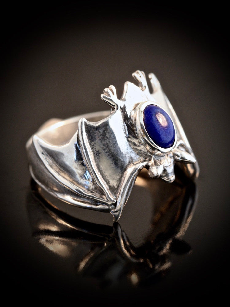 Silver Classic Bat Ring with Gemstone Back with Lapis