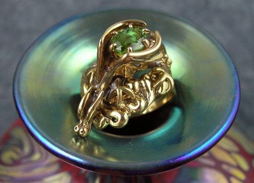 14K Gold Cloud Dragon Ring with Green Tourmaline