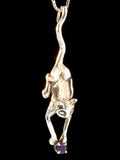 Cat - Crawling Cat Pendant with Gemstone - Silver