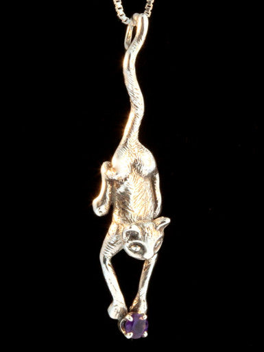 Cat - Crawling Cat Pendant with Gemstone - Silver