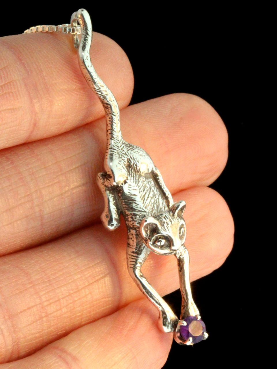 Sterling Silver Crawling Cat with Gemstone