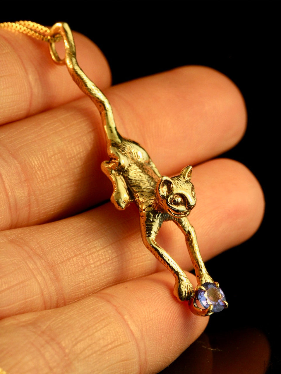Crawling Cat with Tanzanite - 14k Gold