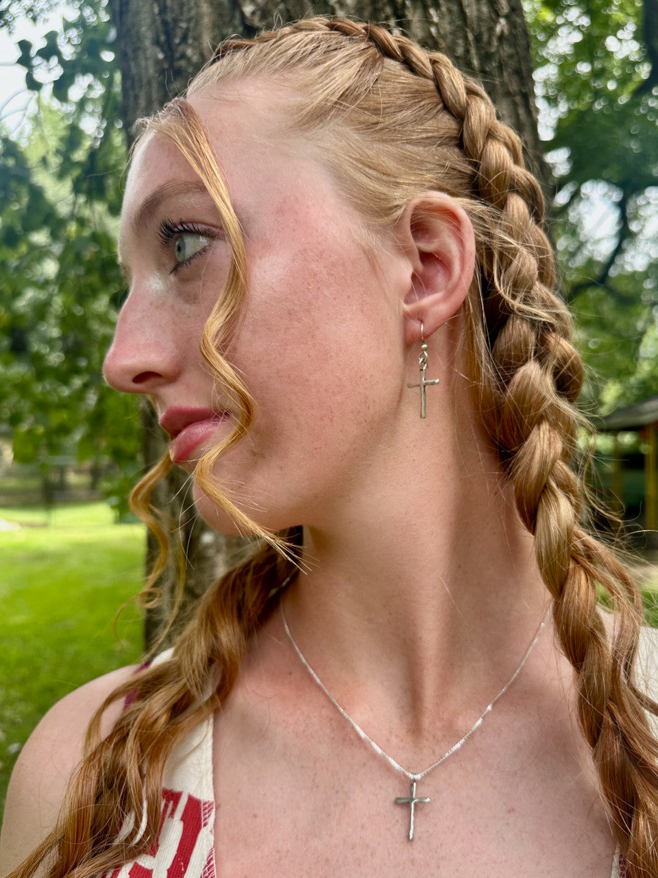 Wooden Cross Earrings - Silver