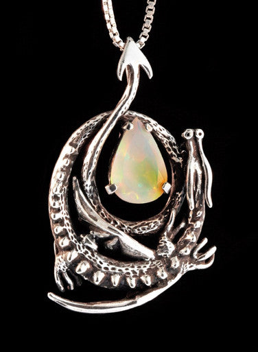 Curled Dragon Pendant with Faceted Ethiopian Fire Opal - Sterling Silver