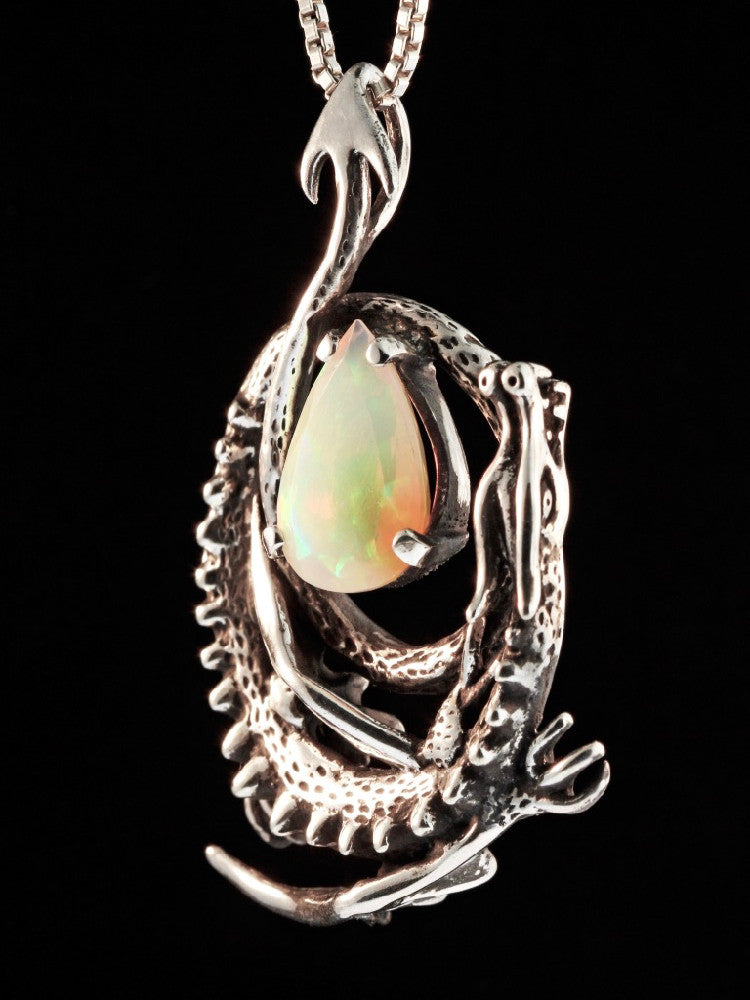 Curled Dragon Pendant with Faceted Ethiopian Fire Opal - Silver