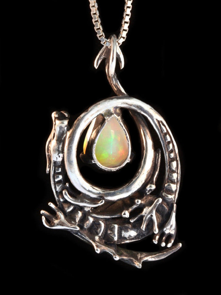 Curled Dragon Pendant with Faceted Ethiopian Fire Opal - Silver