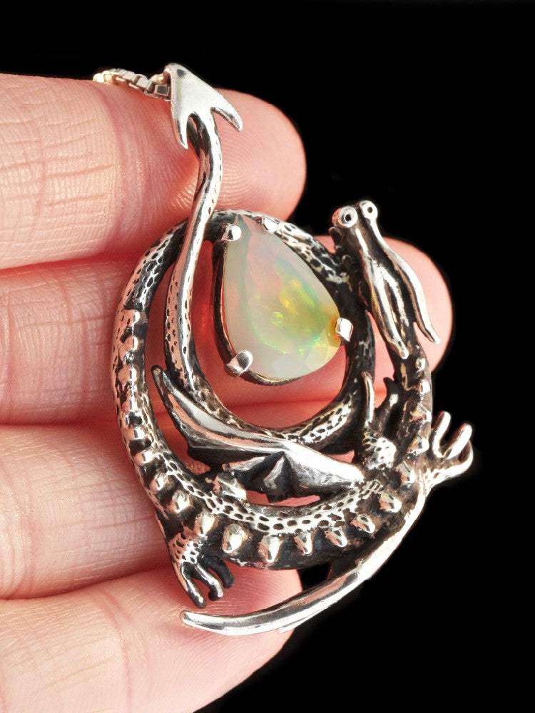Curled Dragon Pendant with Faceted Ethiopian Fire Opal - Silver