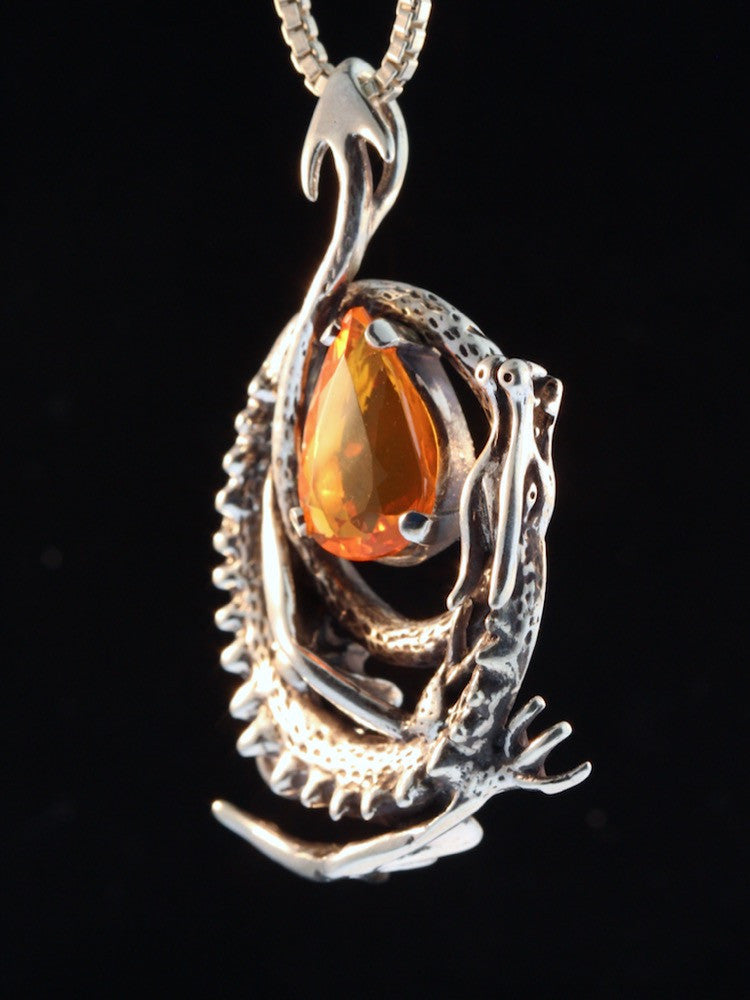 Curled Dragon Pendant with Brazilian Fire Opal