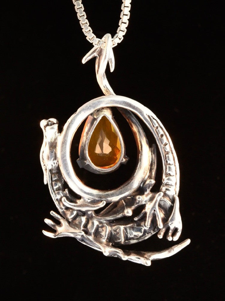 Curled Dragon Pendant with Brazilian Fire Opal