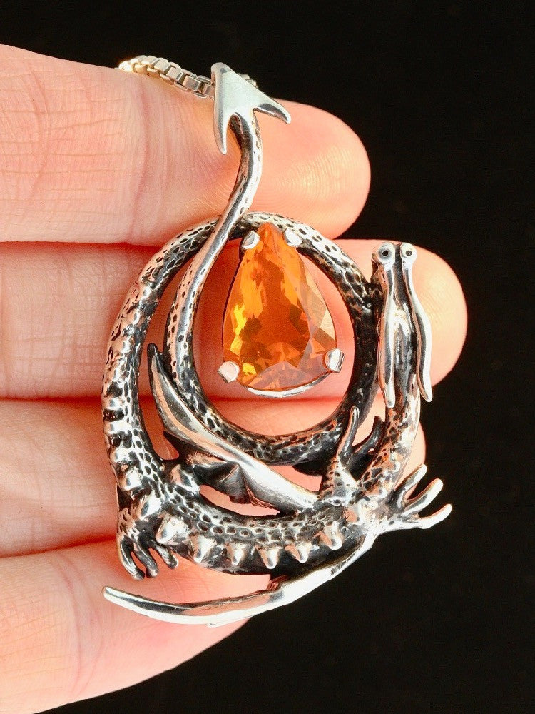 Curled Dragon Pendant with Brazilian Fire Opal - Sterling Silver