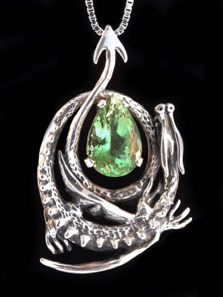 Curled Dragon Pendant with Green Amethyst