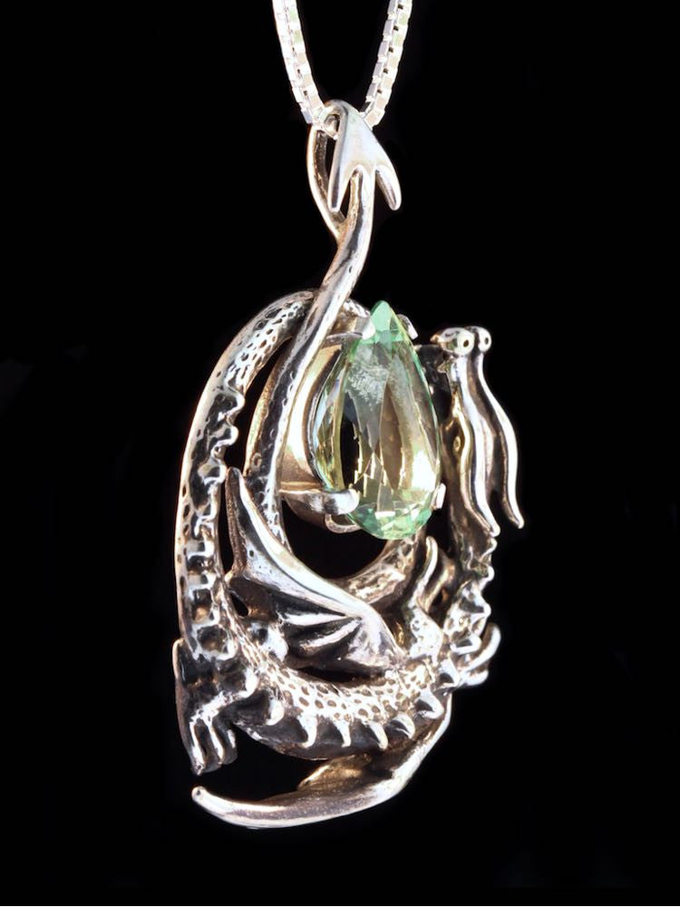 Curled Dragon Pendant with Green Amethyst