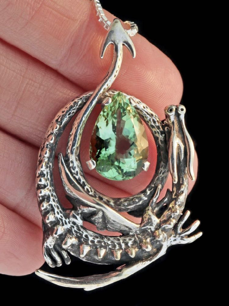 Curled Dragon Pendant with Green Amethyst