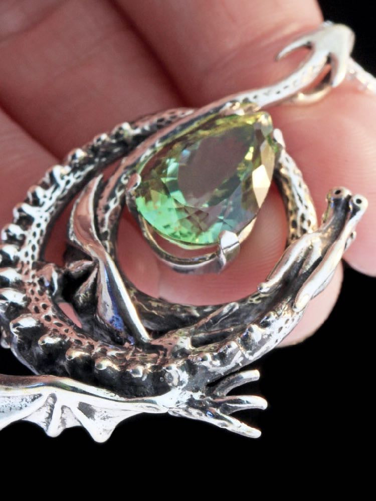 Curled Dragon Pendant with Green Amethyst
