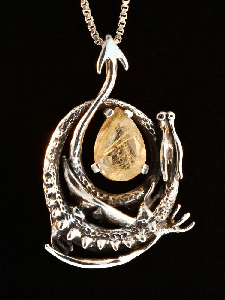 Curled Dragon Pendant with Rutilated Quartz - Sterling Silver