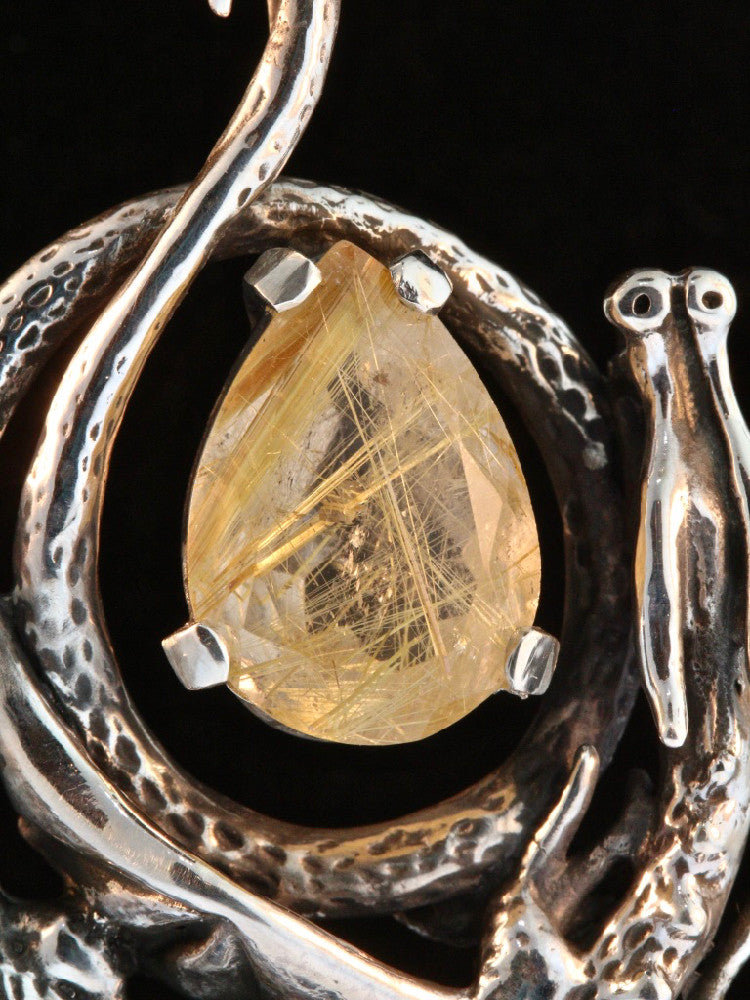 Curled Dragon Pendant with Rutilated Quartz - Sterling Silver