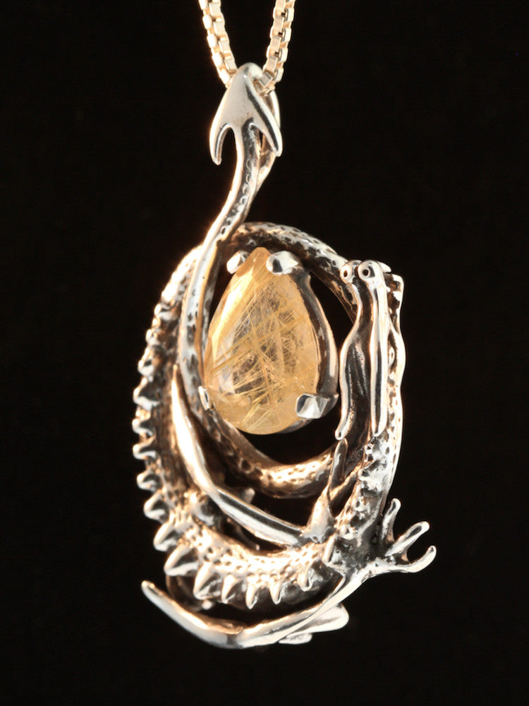 Curled DCurled Dragon Pendant with Rutilated Quartz - Sterling Silver