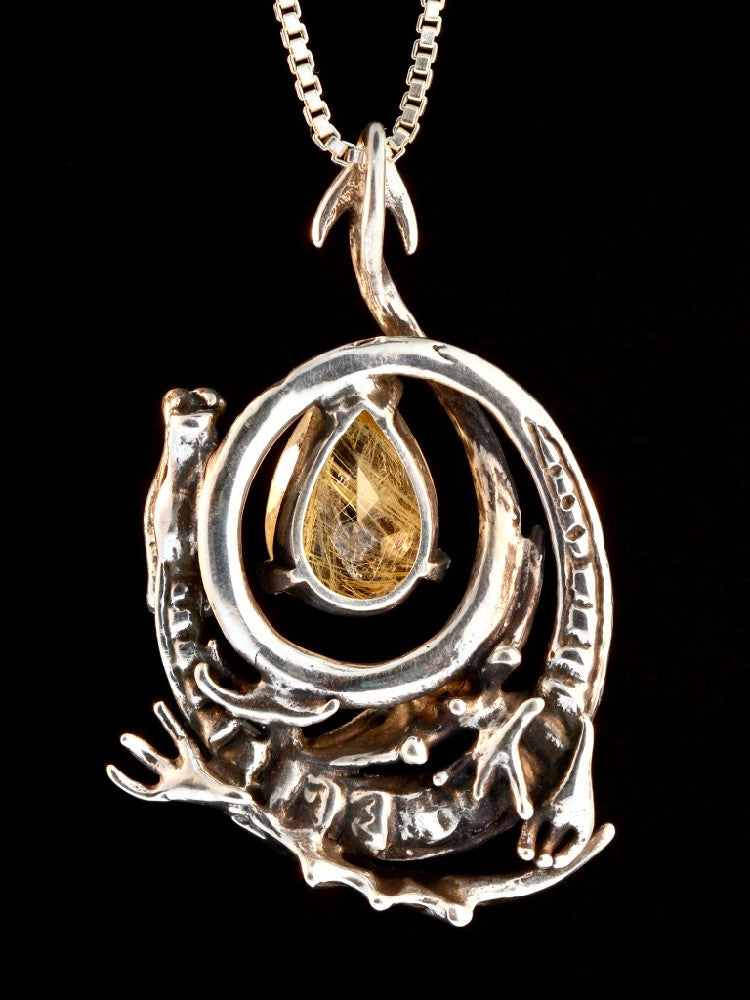 Curled Dragon Pendant with Rutilated Quartz - Sterling Silver