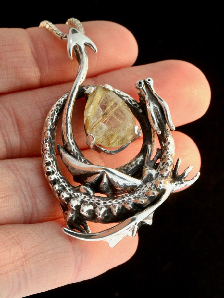 Curled Dragon Pendant with Rutilated Quartz - Sterling Silver