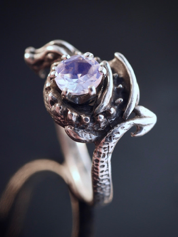 Curled Dragon Ring with Moonstone - Silver