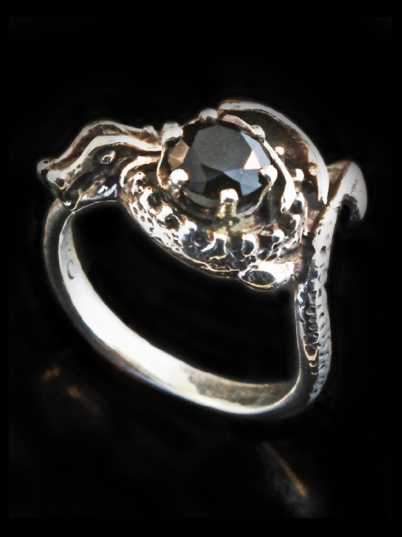 Curled Dragon Ring with Black Onyx - Silver