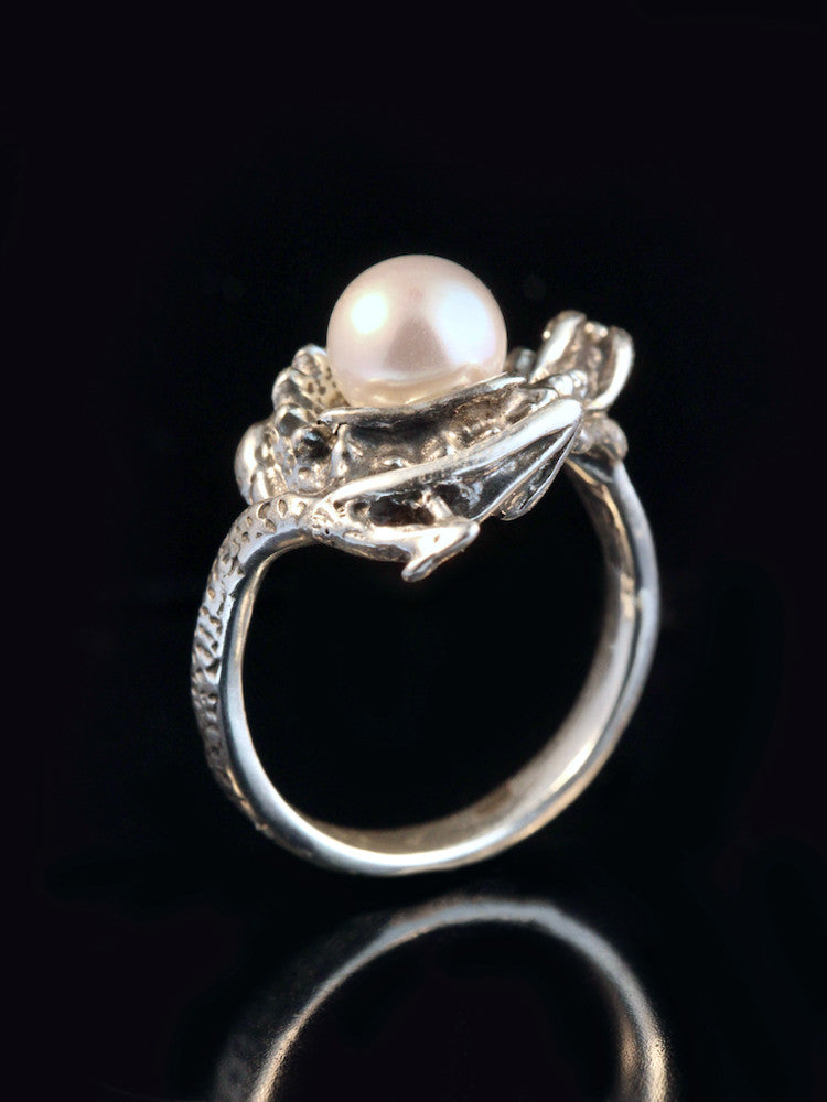 Curled Dragon Ring with Pearl - Sterling Silver