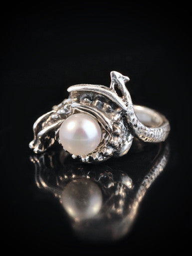 Curled Dragon Ring with Pearl - Sterling Silver