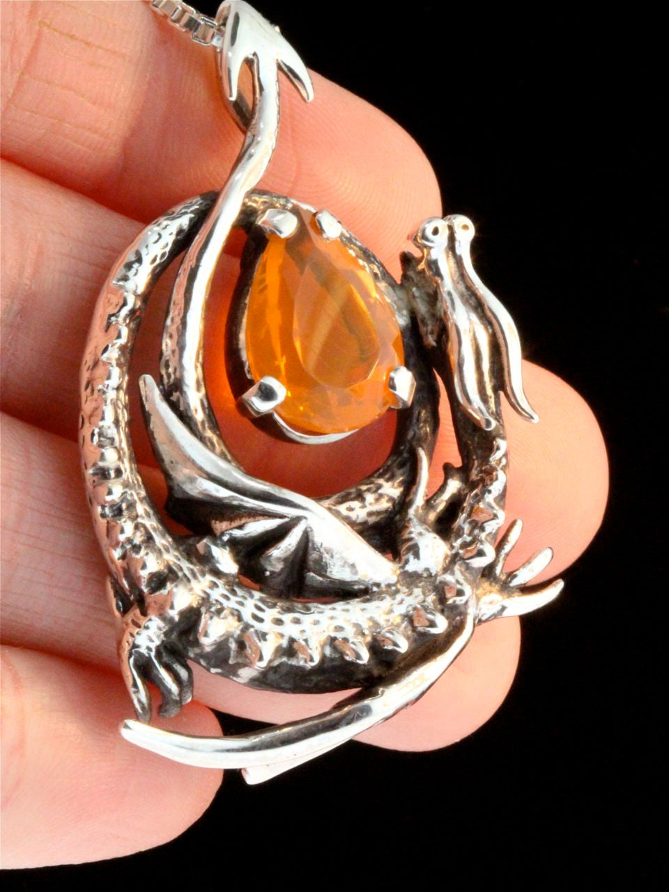 Curled Dragon Pendant with Fire Opal