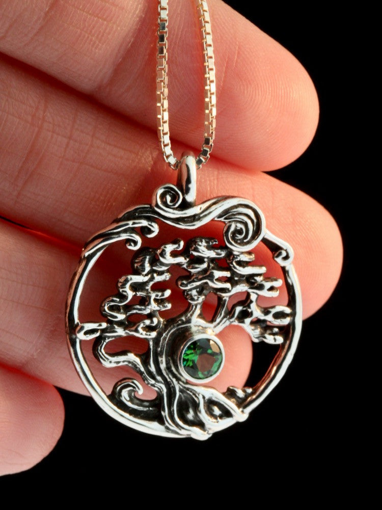 Cypress - Bonsai Tree Pendant with Green Topaz